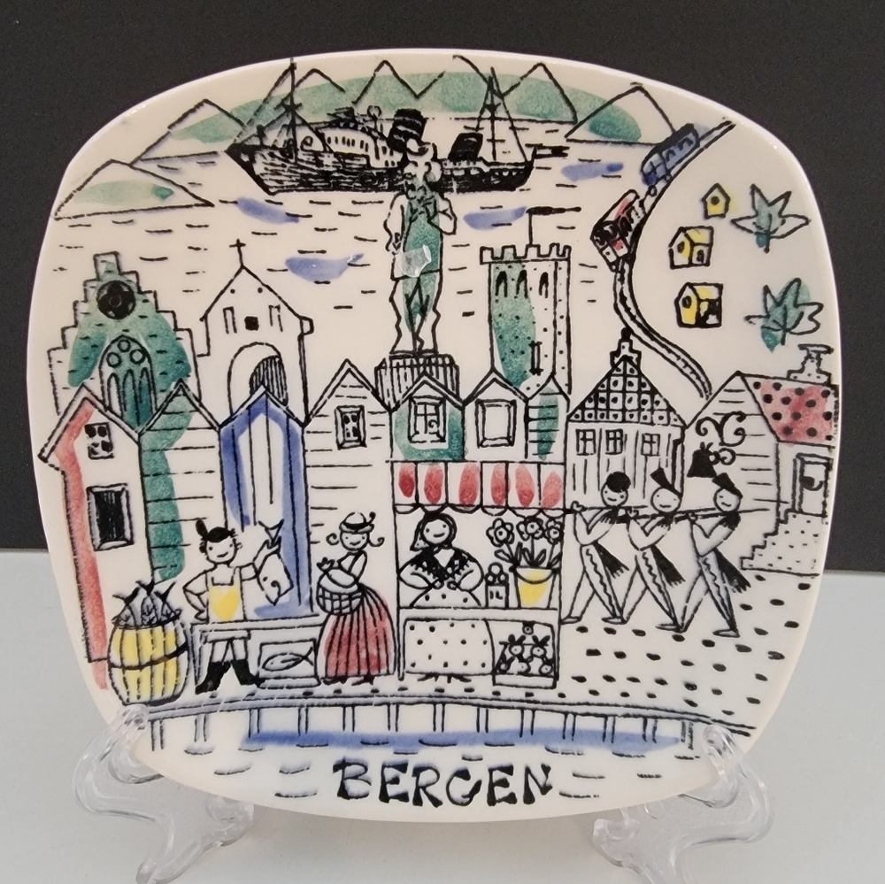 Midcentury Inger Waage "Bergen" Norway 5" sq souvenir plate Stavangerflint